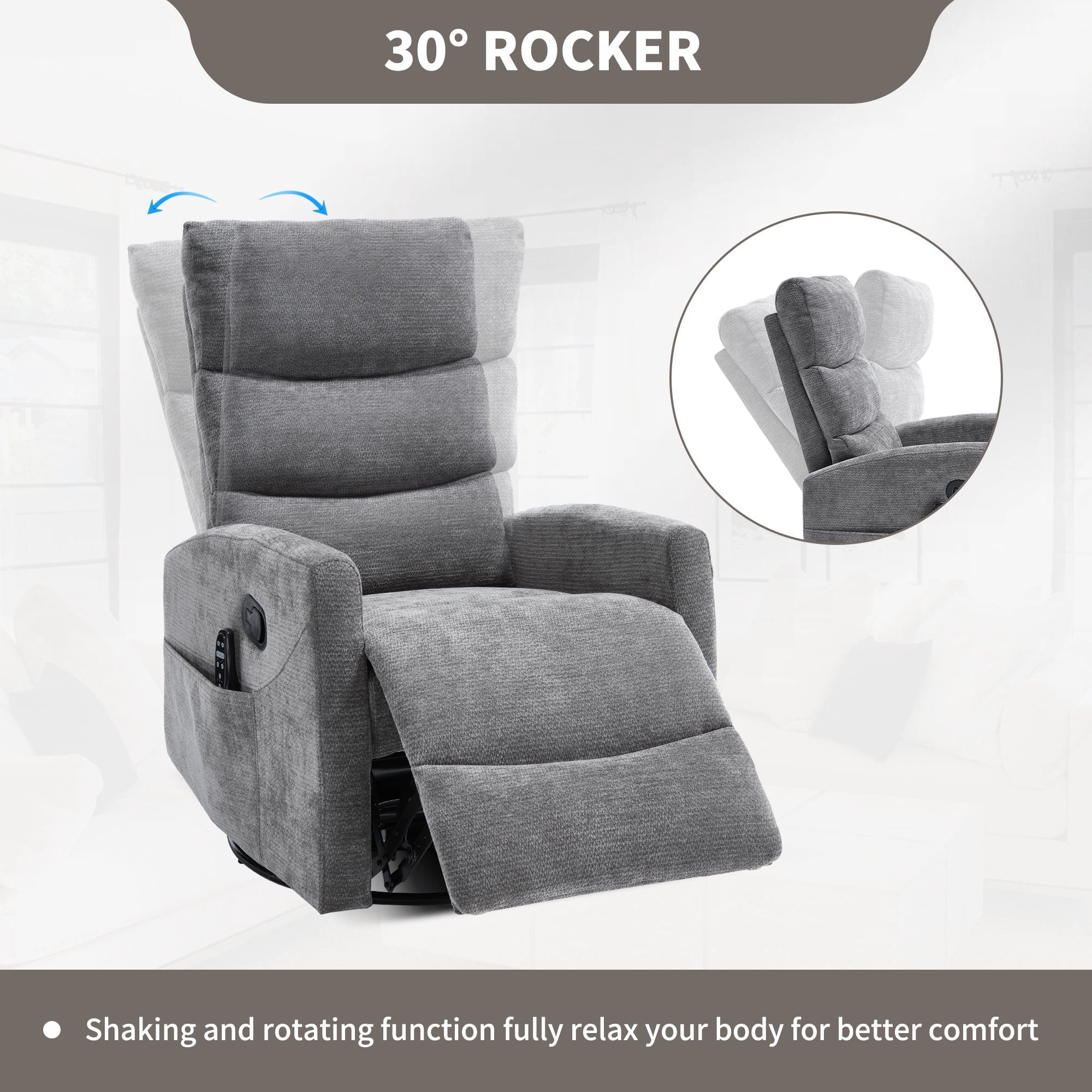 PAPROOS Rocker Recliner with Heat and Massage, Fabric 360° Swivel Rocking Recliner, Glider Rocking Chair for Nursery, Manual Recliner with Side Pocket for Adults for Home Theater Living Room, Gray