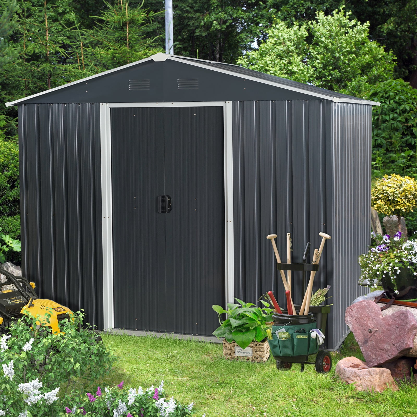 8ft x 6ft Outdoor Metal Storage Shed with Metal foundation,Black