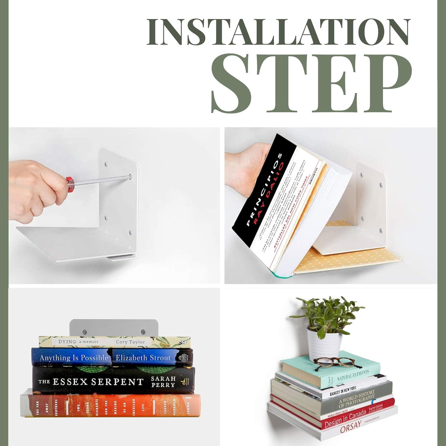 VASGOR Set of 4 Invisible Floating Bookshelf - Heavy Duty Wall Mounted Book Organizer, Metal Shelves Holder for Books, Large Size