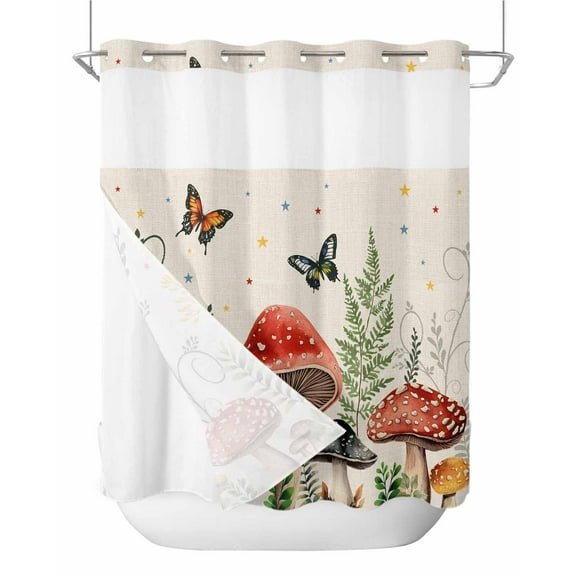 No Hook Shower Curtain with Snap-in Liner, Mushrooms Waterproof Fabric Bathroom Curtains, Butterfly Botanical Country Plants Beige Bath Curtains & Mesh Top Window 66"x72"