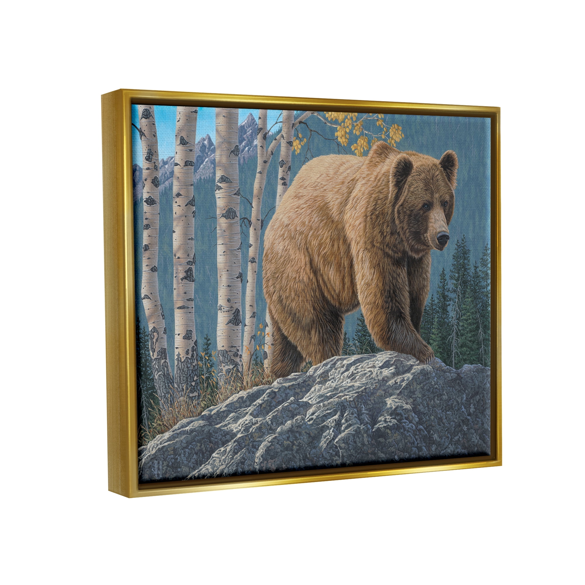 Stupell Industries Brown Bear on Rock Animals & Insects Painting Gold Floater Framed Canvas Art Print Wall Art, 31 x 25