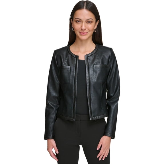DKNY Womens Faux Crocodile Cropped Jacket, Black, 4