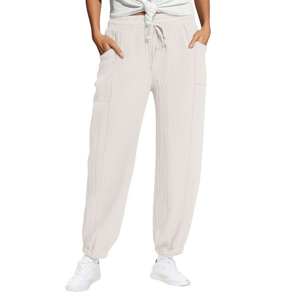 Comdrip Gauze Pants, Women's Linen Wide Leg Pants Casual Loose High Waist Beach Haren Pants Pockets Summer Pants Beige L
