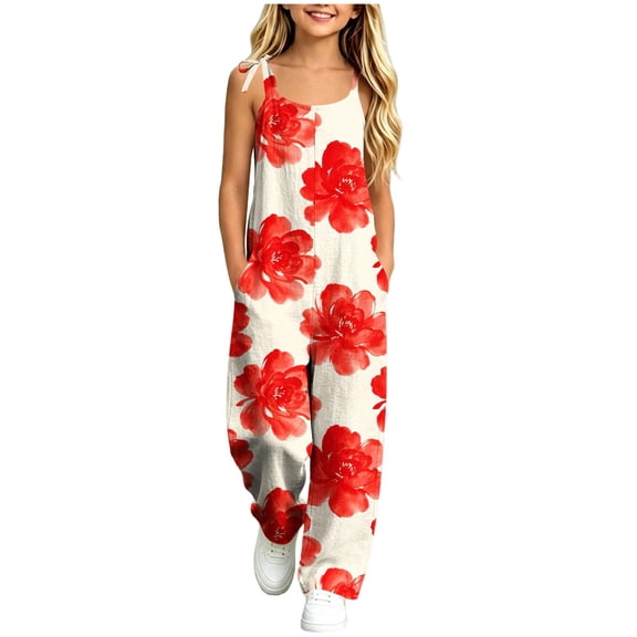 OGLCCG Girls Wide Leg Jumpsuit Kids Casual Sleeveless Romper Floral Printed Adjustable Spaghetti Strap Overalls with Pockets 5-14 Years