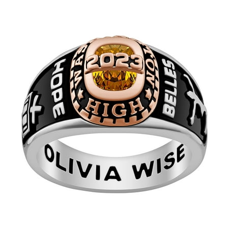 Personalized Women's Celebrium and Gold or Rose Gold Traditional Birthstone Class Ring