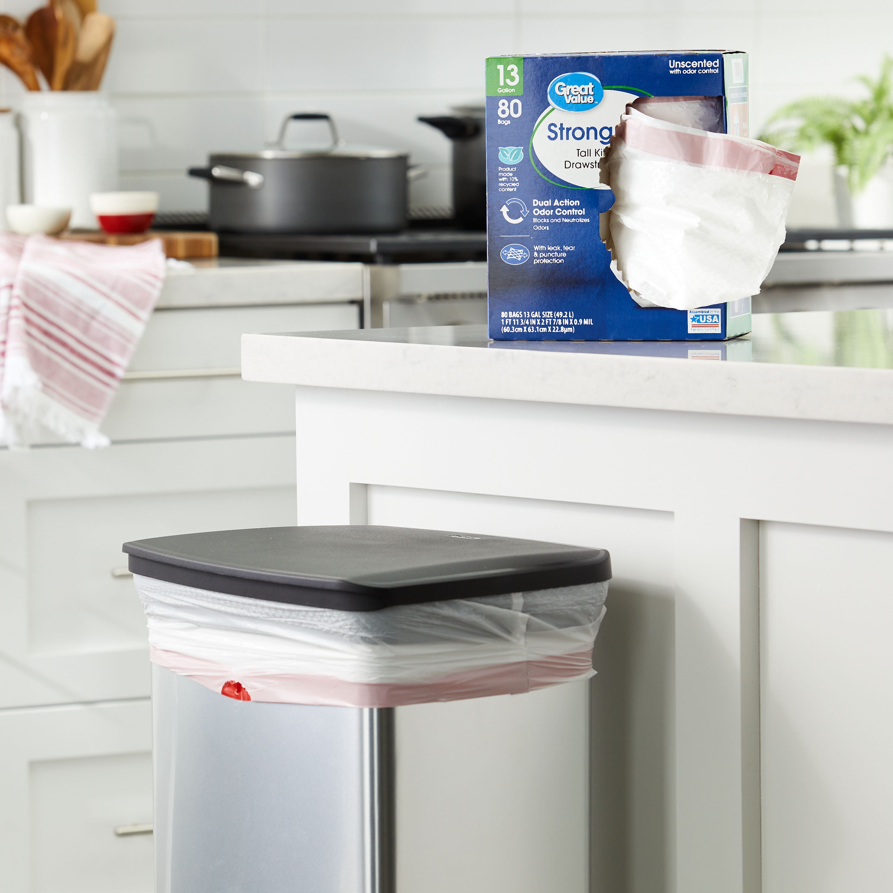 Great Value Strong Flex Tall Kitchen Drawstring Trash Bags, 13 gal, Unscented, 80 Bags