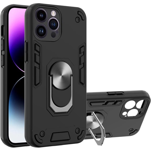 Case for iPhone 14 Pro Max with Built-in 360° Rotating Ring Kickstand Cover, Military-Grade Drop Protection Phone Case, Back Case for iPhone 14 Pro Max (6.7 inch), Black