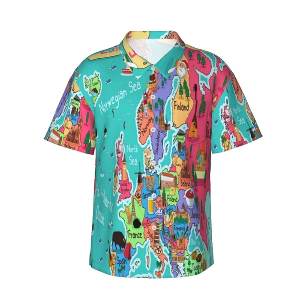 Balery Cartoon Map Of Europe Camisas hawaianas de manga corta para hombre, camisas playeras de corte holgado, camisas de vacaciones con botones,X-Large