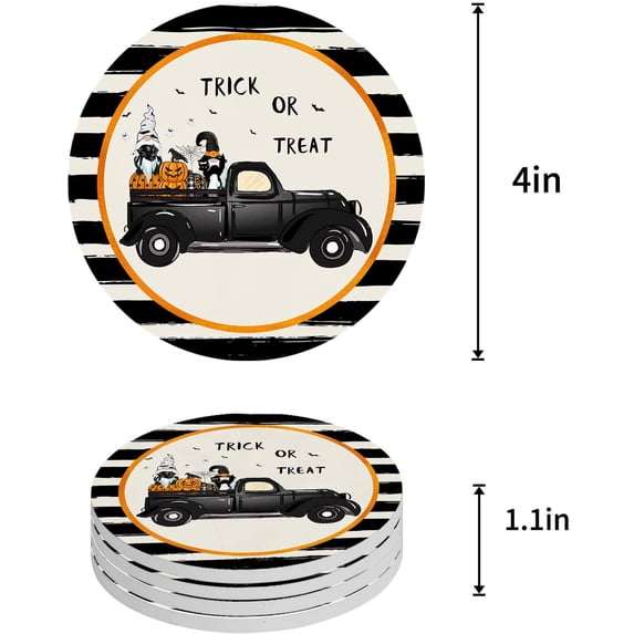 FMSHPON Halloween Truck with Gnome and Pumpkin Black Stripe Set of 6 Round Coaster for Drinks, Absorbent Ceramic Stone Coasters Cup Mat with Cork Base for Home Kitchen Room Coffee Table Bar Decor