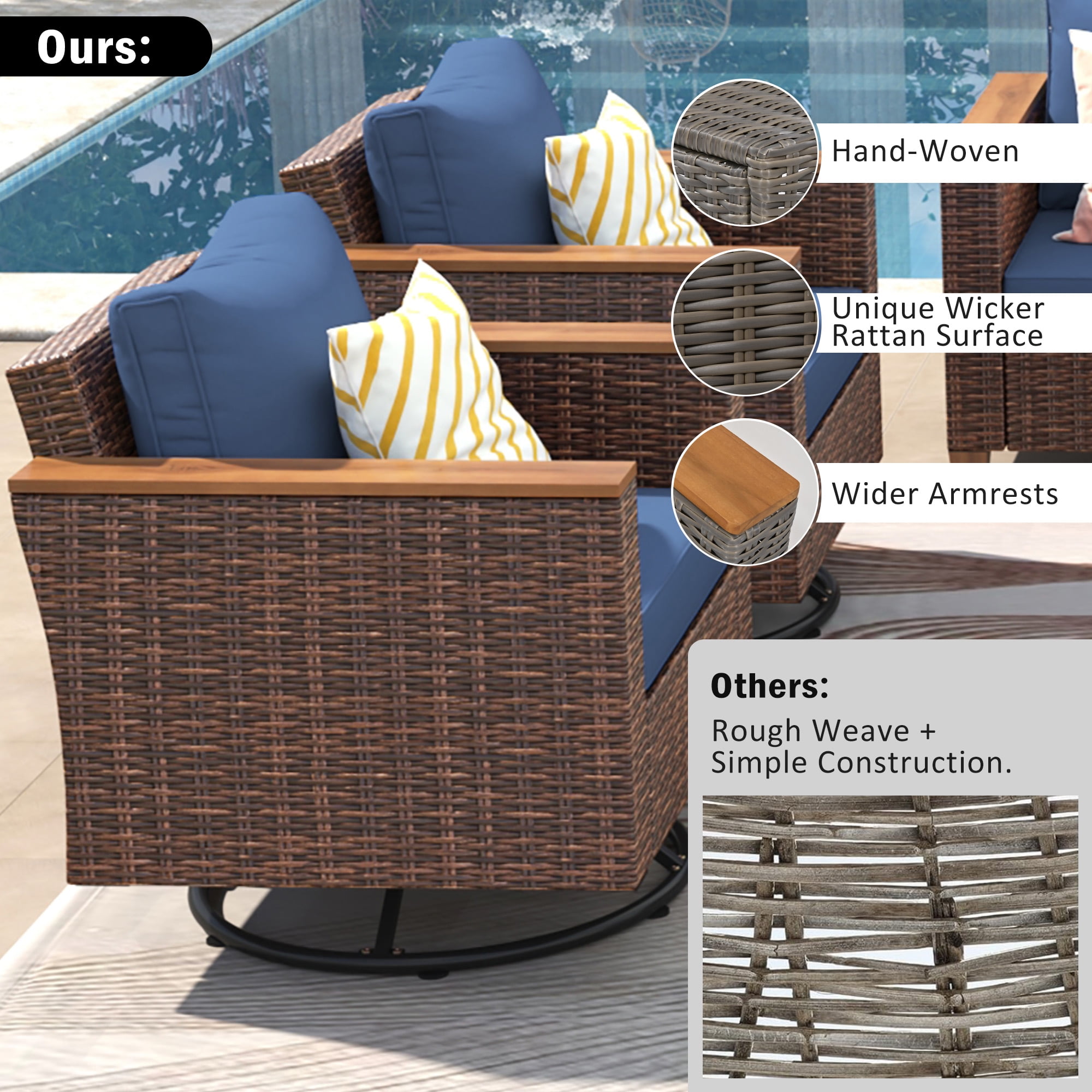 8-PCS Outdoor Patio Furniture Set with Swivel Rocking Chairs, Wicker Sectional Sofa Set with 4" Thick Cushions & Acacia Storage Table, All-Weather Rattan Conversation Set for Backyard, Patio, Blue