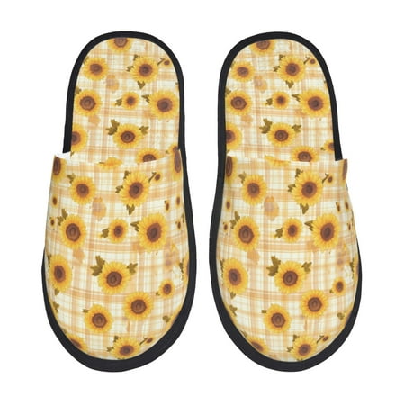 Balery Coffee Plaid Sunflower Slient Indoor Furry Fleece Comfort House Shoes Soft Non-Slip Home Shoes Cotton slippers House Slippers-- Large