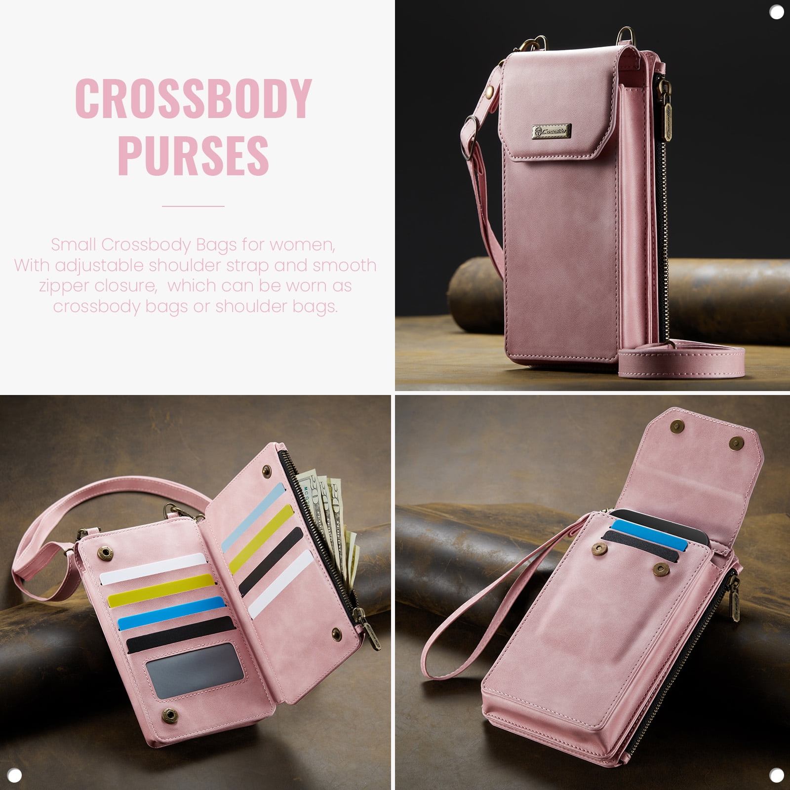 Crossbody Cell Phone Purse Bag for Women Men, Small Leather Wallet with 10 Card Slots, Zipper Pocket & Adjustable Strap Shoulder Bag Clutch with Magnetic Closure Fits Most Smartphones Under 7.3",Pink