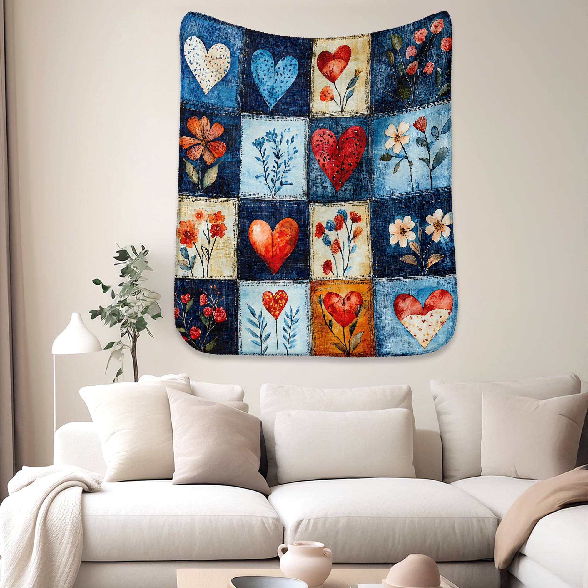 Sherpa Fleece Twin Blanket 60"x80" Reversible Plush Fluffy Blanket, Double-Layer Super Soft Flannel Blanket for Sofa, Couch, Bed, Patchwork Floral & Heart Pattern