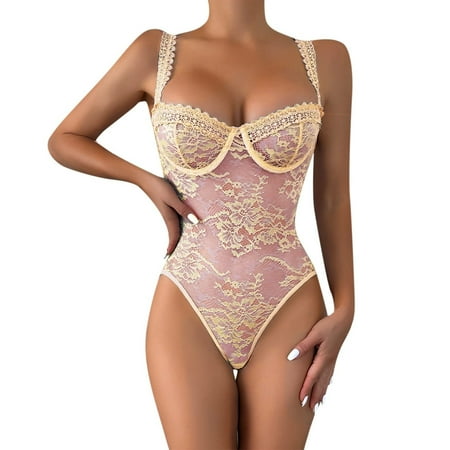 

REORIAFEE Women Lingerie Sexy Sex Naughty Teddy Cocktail Party Erotic Lingerie Mesh One Piece Suit Sexy Set Khaki L