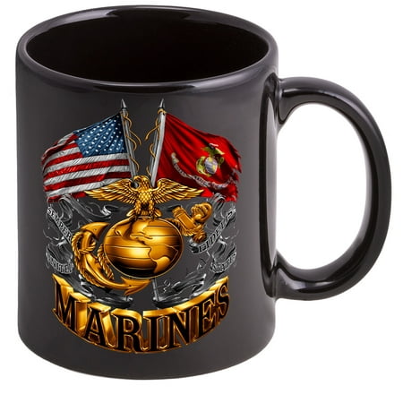 - Coffee Cup with Double Flag Gold Globe USMC - Stoneware Mug, Patriotic Gifts
