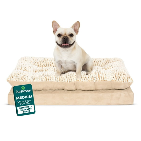 FurHaven Pet Products Embossed Faux Fur & Suede Orthopedic Pillow Top Mattress Pet Bed for Dogs & Cats - Taupe, Medium