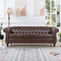 Modern Brown PU Three-Seater Chesterfield Sofa 84.65" for Living Room