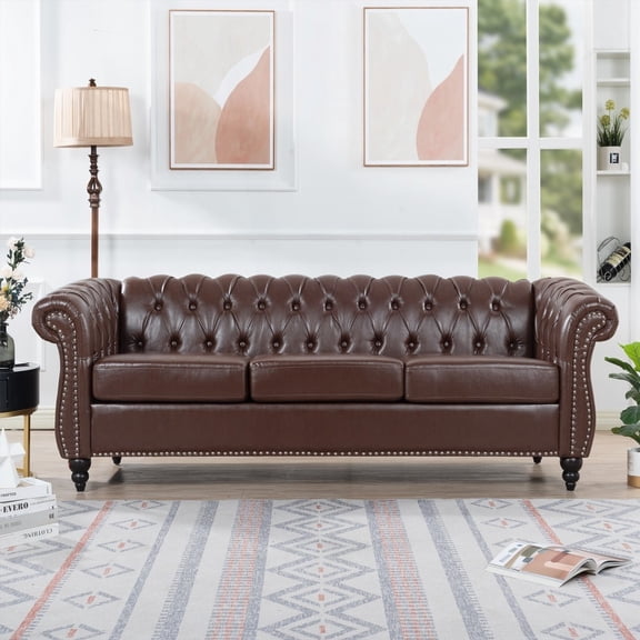 Modern Brown PU Three-Seater Chesterfield Sofa 84.65" for Living Room