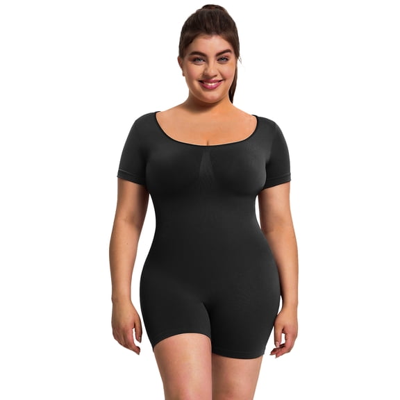A AGROSTE Women Seamless Shoet Sleeves Square Neck Full Body Shapewear Bodysuits Rompers Tummy Control Sculpting Butt Lifter Body Shaper