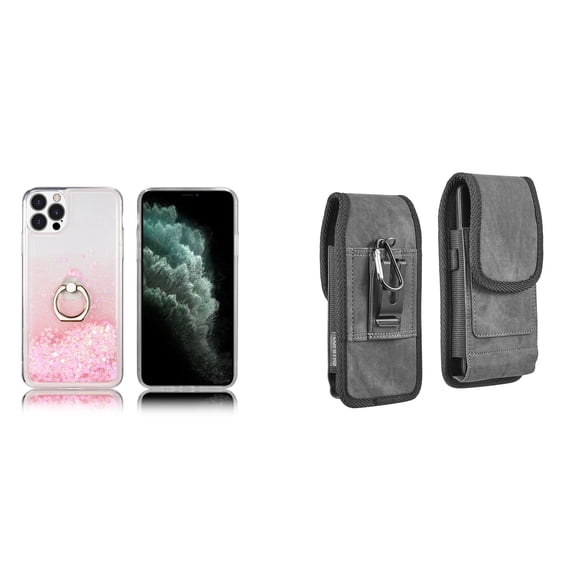 Waterfall Liquid Glitter Stand Case and Belt Holster Pouch for iPhone 14 Pro - Pink