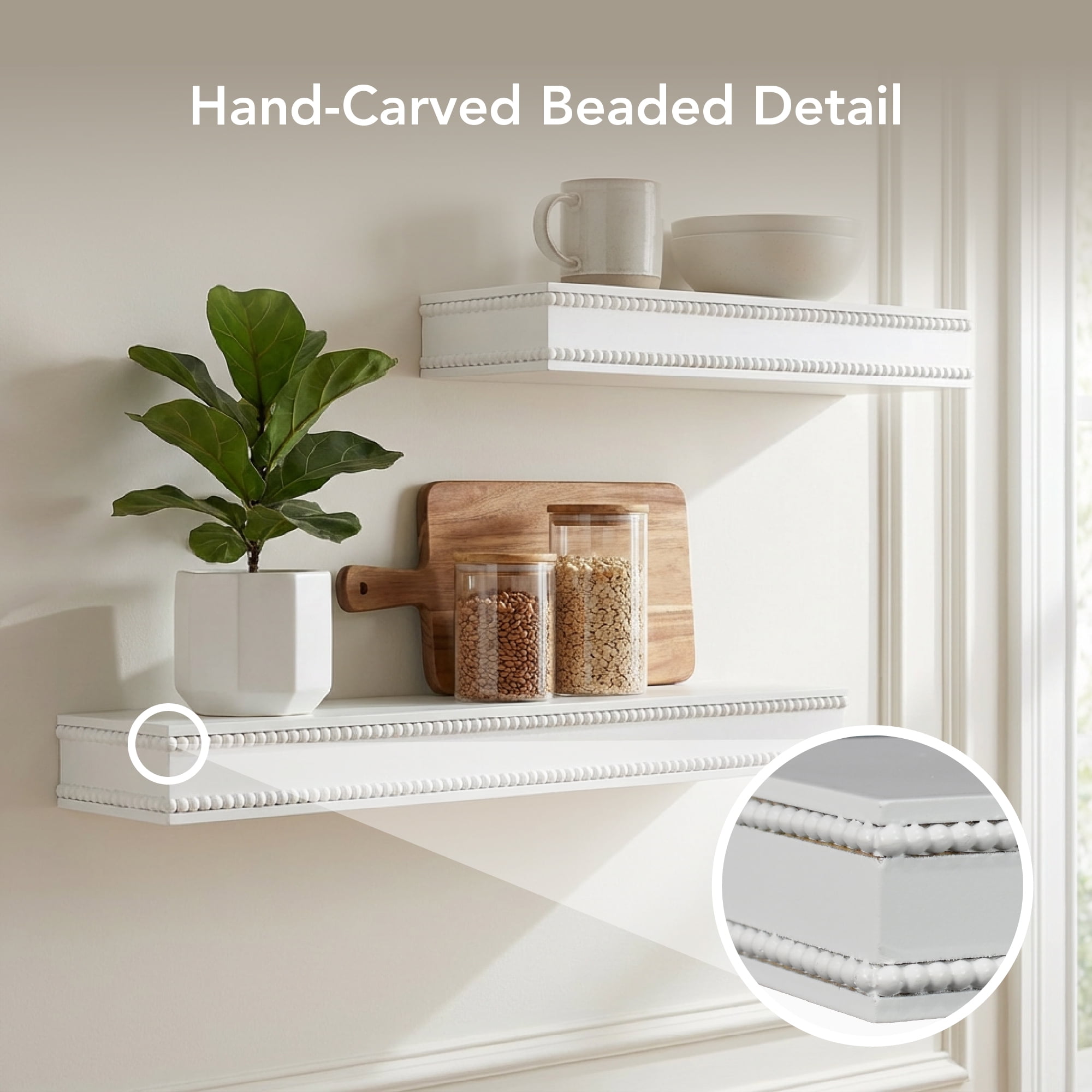 American Art Decor Beaded 2-Piece Floating Wall Shelf Set, White Shabby Chic Carved Picture Ledge Shelves with Lip, Decorative Wall Ledge for Nursery, Gallery, or Living Room Display