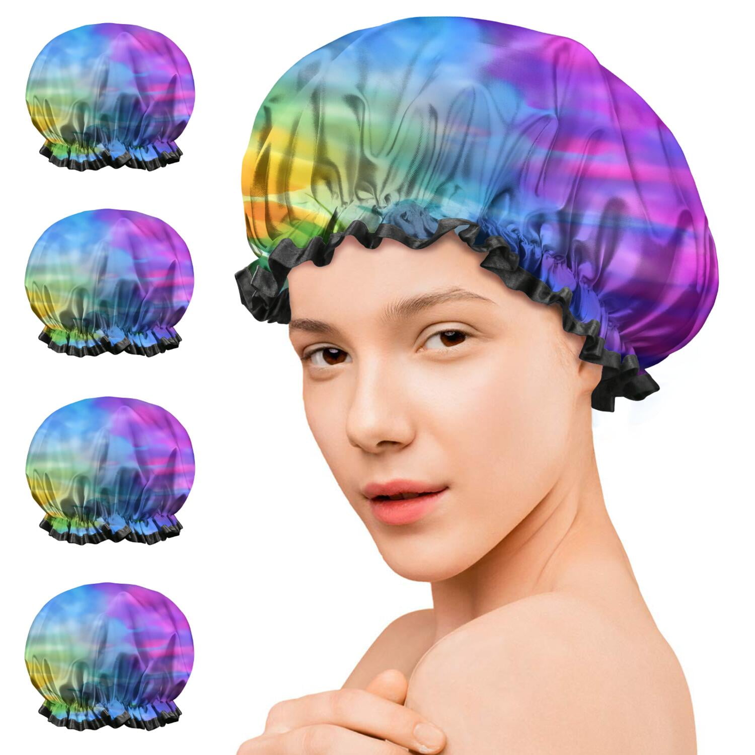 Shower Caps,Colorful Tie Dye Pattern Waterproof Shower Cap for Women 4 Pieces,Double Reusable Hair Cover for Shower PEVA Elastic Stretch Hem