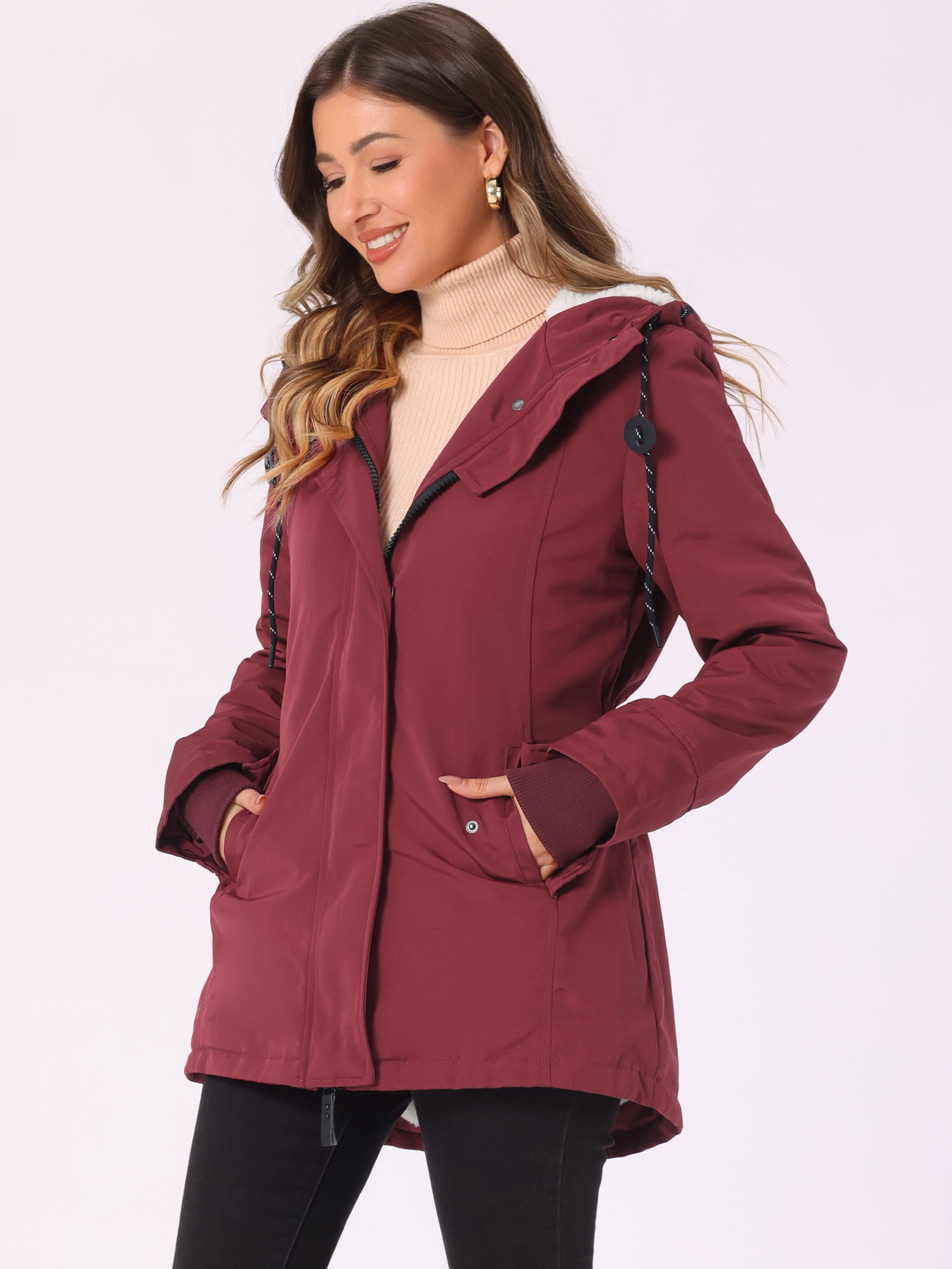 DARING DIVA Women's Winter Coat with Faux Fur Hood and Multiple Pockets XS Red