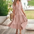 thumbnail image 2 of Casual Print V-Neck Long Dress Plus Size Summer V Neck Boho Floral Dress Short Sleeve Beach Long Dress for Women Pink S, 2 of 7