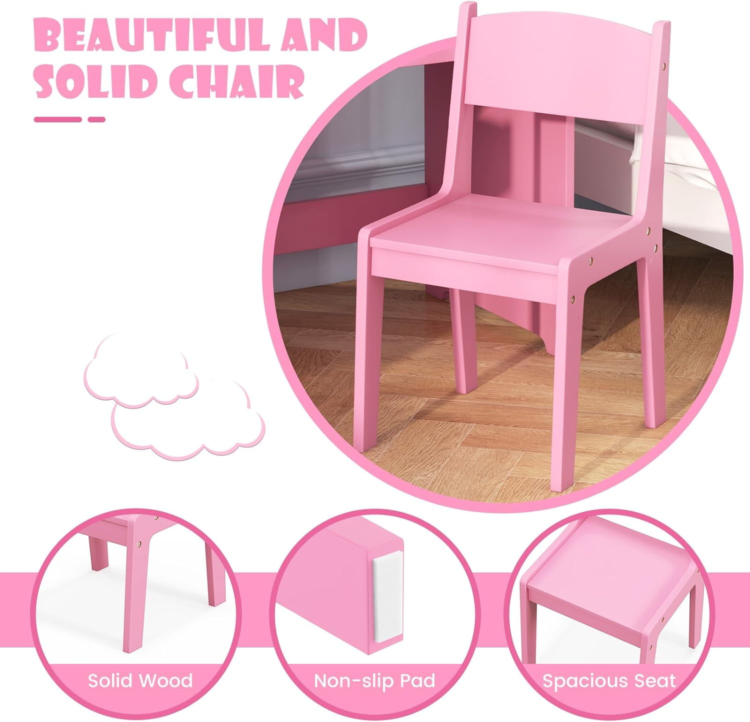 INFANS Kids Vanity, Princess Makeup Desk and Chair Set with Lights Mirror Drawer Storage Shelves, Wooden Dressing Table, Pretend Play Vanity Set for Toddler Girls