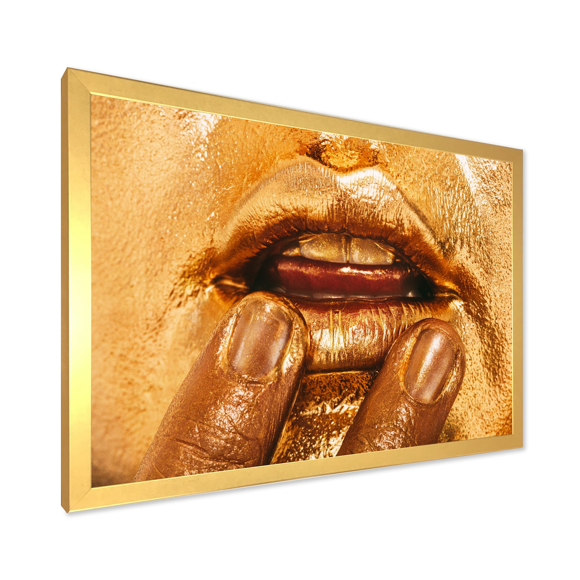 Designart 'Close Up Of Female Lips With Bright Golden Makeup i' Modern Framed Art Print