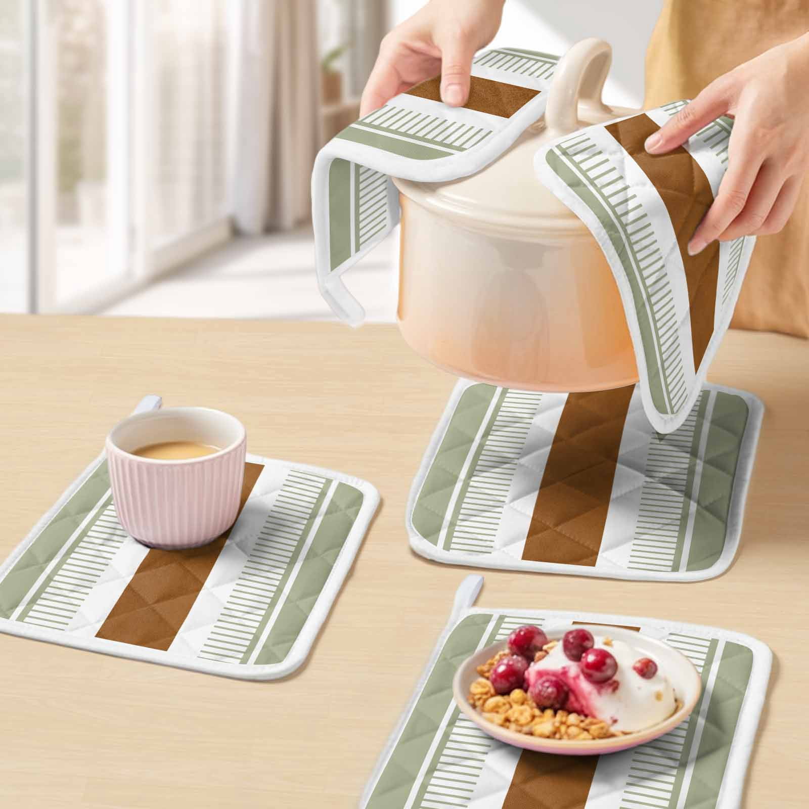 Sage Green Farmhouse Pot Holders for Kitchen Heatproof Potholder, 5 Pack Green Brown Striped Hot Pads Multipurpose Oven Pads Cloth Potholders Trivet for Cooking Baking