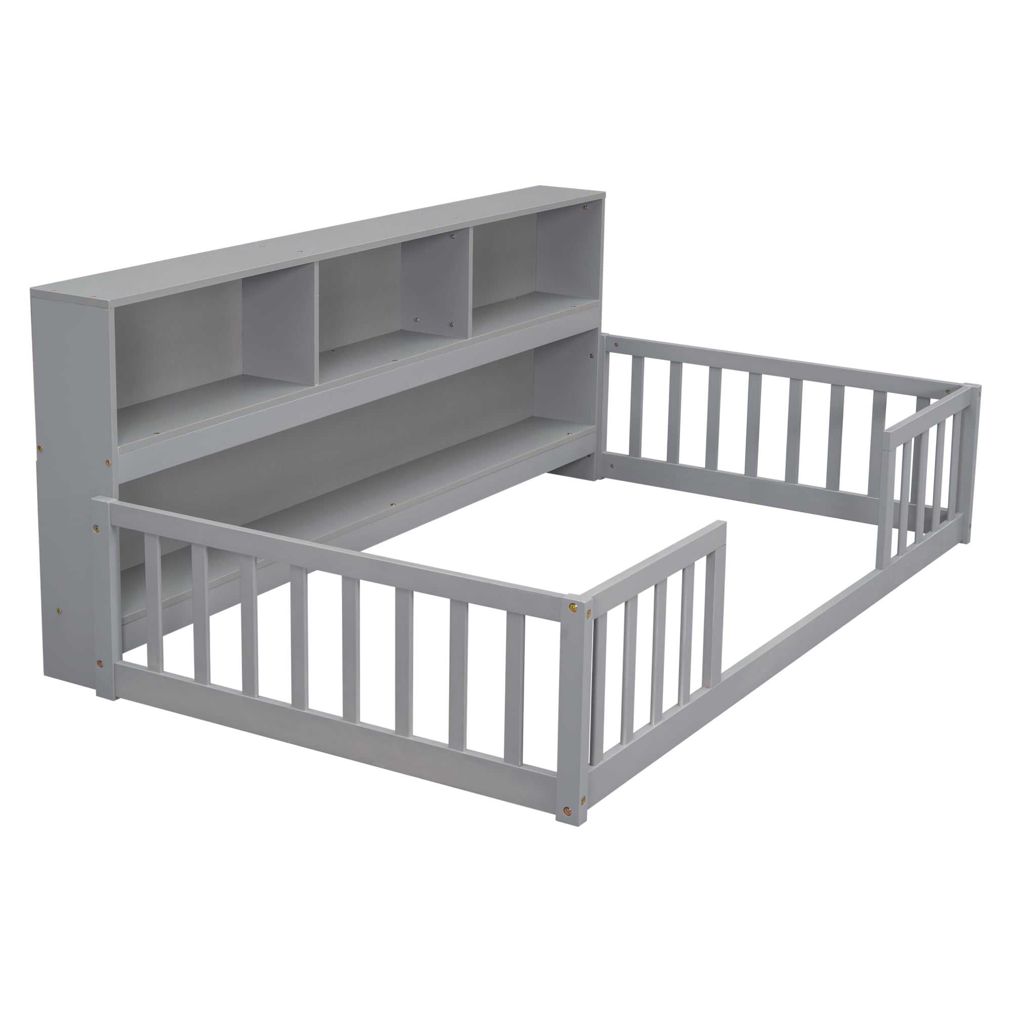 Leumius Twin Floor Bed with Bedside Bookcase,Shelves,Guardrails for Boys Girls Grey
