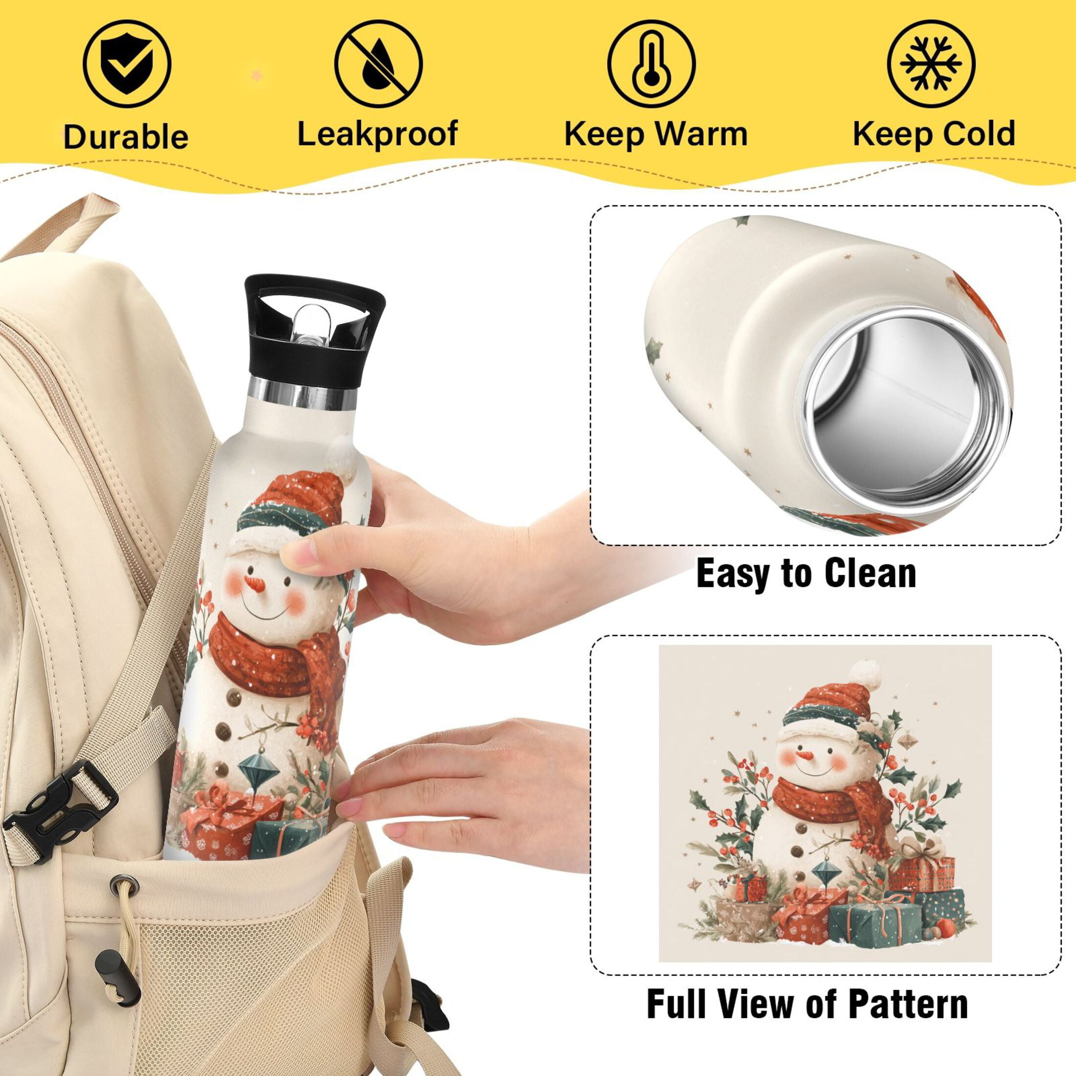 600ML Stainless Steel Insulated Cup Sports Water Bottle Portable Thermos Cup Water Glasses Insulated Tumblers Convenient and Durable Warm Christmas Snow Man