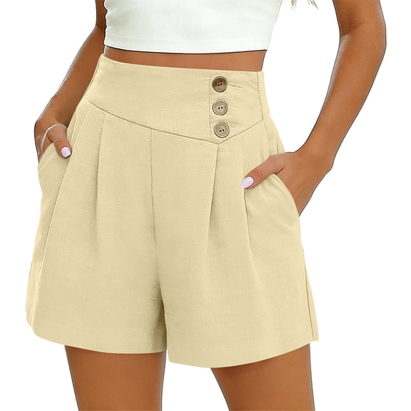 Womens Dress Shorts Casual 2026 Summer Elastic High Waist Button Shorts Pleated Beach Vacation Clothes (Khaki,S)