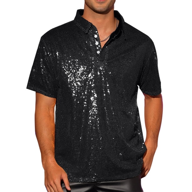 xiaxaixu Men Sparkle Sequins Shirt Casual Vintage Summer 1/4