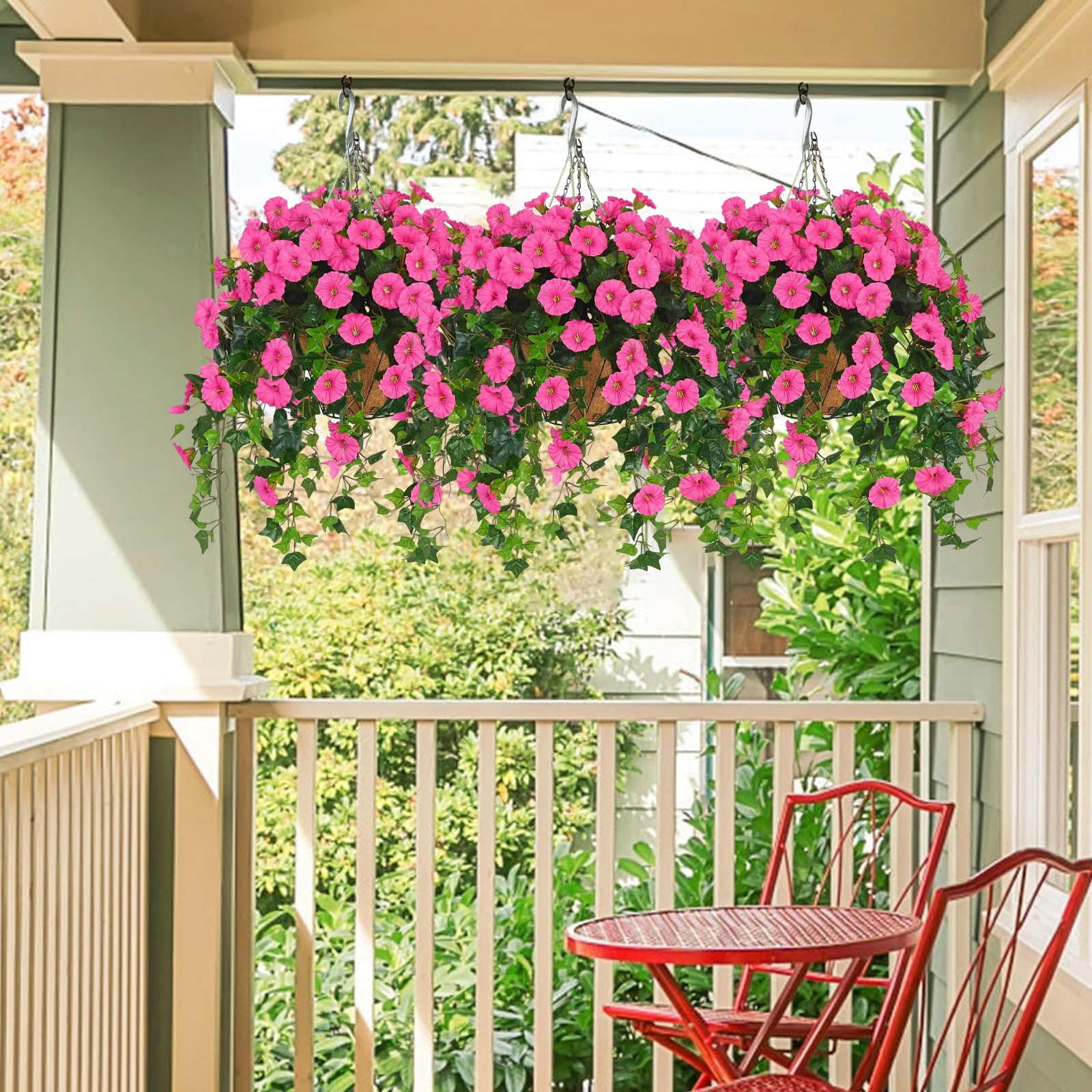 Dwellin Artificial Hanging Fake Flowers with Baskets Plants for Outdoor Decoration Faux Silk Floral Decorations for Spring Planters Home Porch Patio Garden Decor(Pink)