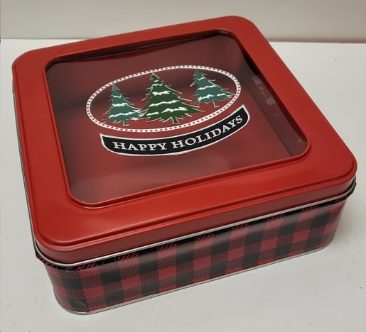 Holiday Time Brand Square Window Tin with Christmas Design. Ct 1. Tin Plate Steel and Apet.  Gift Box.