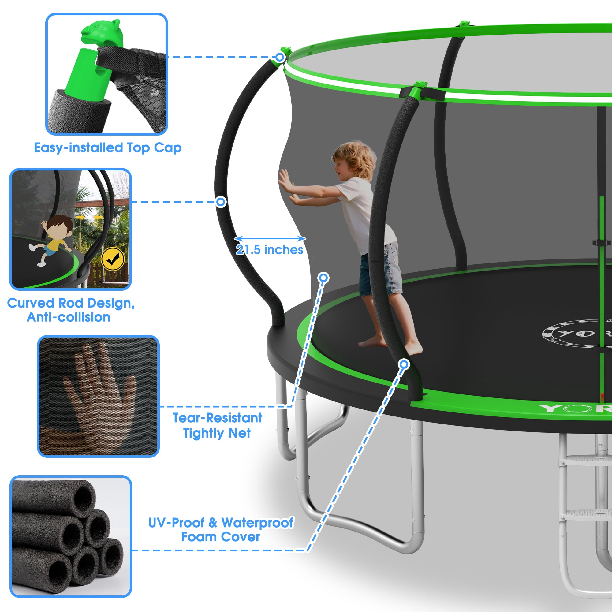 YORIN Trampoline for 8-9 Kids, 16 FT 14FT 10FT 12FT Trampoline for Adults with Enclosure Net, Ladder, Light, 1500LBS Weight Capacity Outdoor Round Recreational Trampoline, Heavy Duty Trampoline