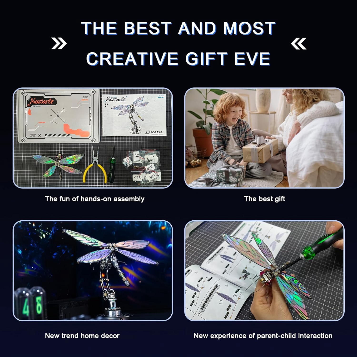 Mostarle 3D Metal Puzzle Cyberpunk Dragonfly, Color-Shifting Electroplated Wings, Adjustable Display, DIY Mechanical Model Kit for Adults & Teens, Gift