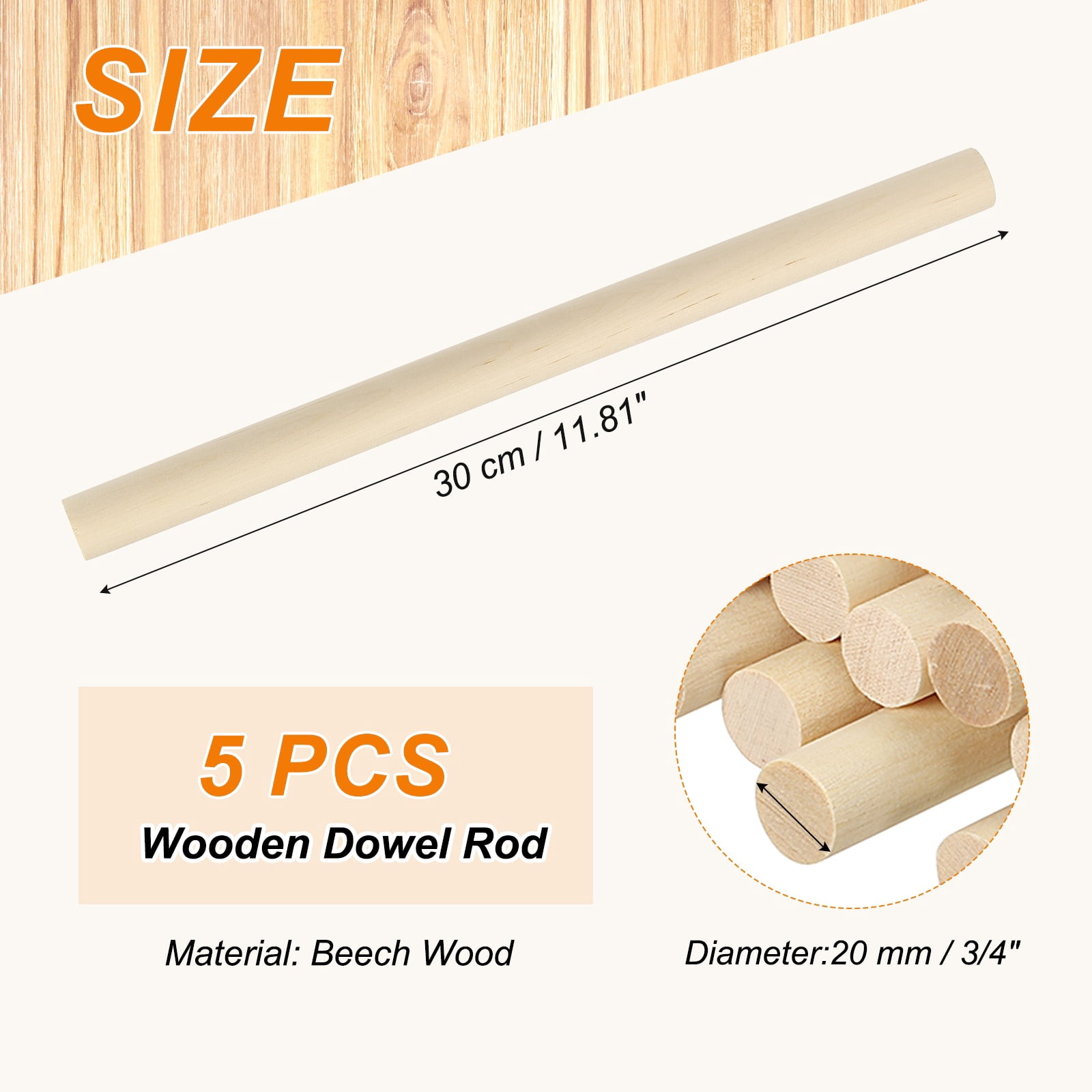 Uxcell Wooden Dowel Rod, Wood Dowels Unfinished Round Wood Sticks Hardwood Sticks for DIY Craft 3/4 x 12 Inch