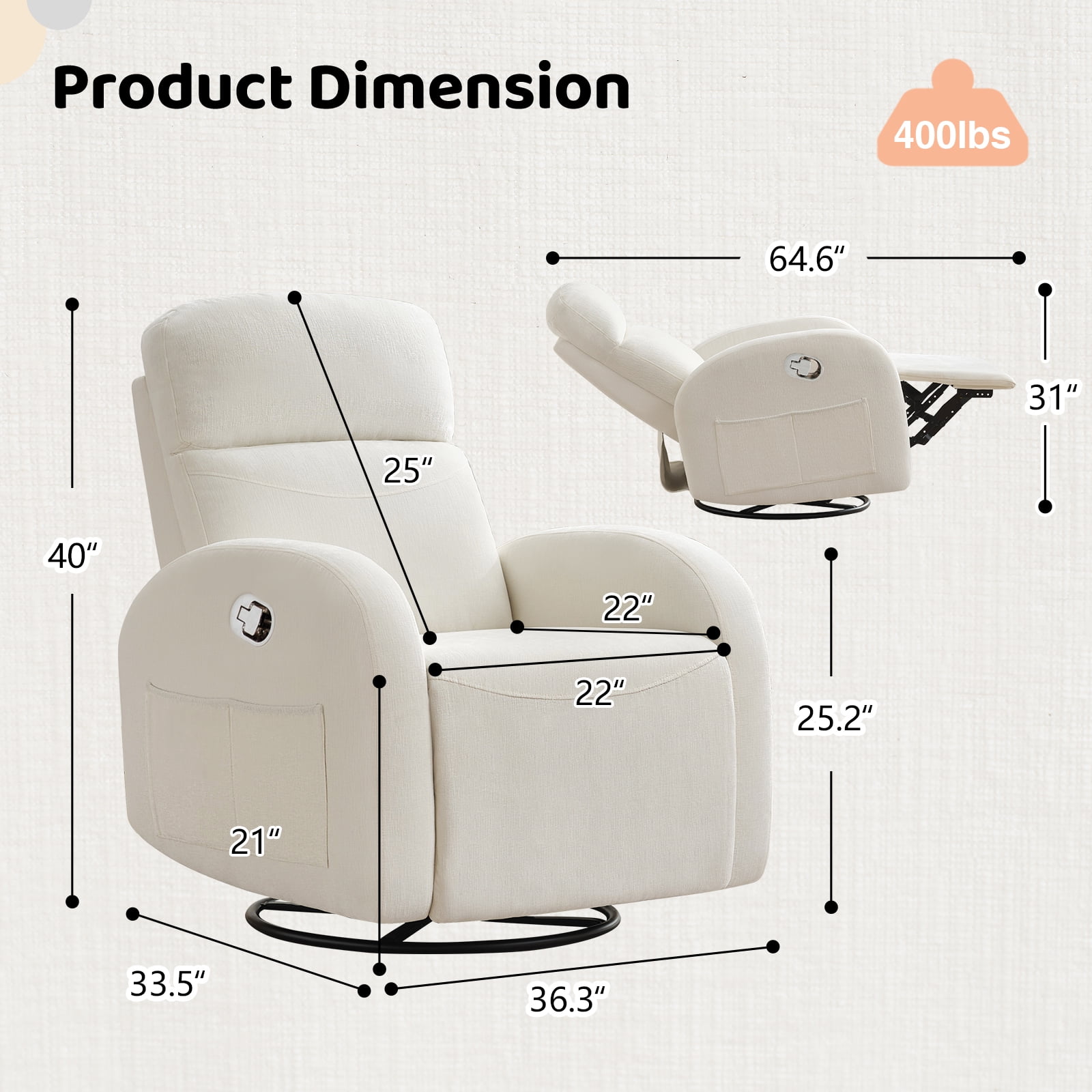 Aemeios Chenille Swivel Rocker Glider Manual Recliner Nursery Rocking Chair with Double Pockets, White