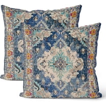 Boho Pillow Covers 18x18 Set of 2, Navy Blue Persian Carpet Boho Throw Pillow Covers Linen Farmhouse Vintage Monaco Rug Decor Cushion Case Boho Home Decor for Couch Sofa Outdoor
