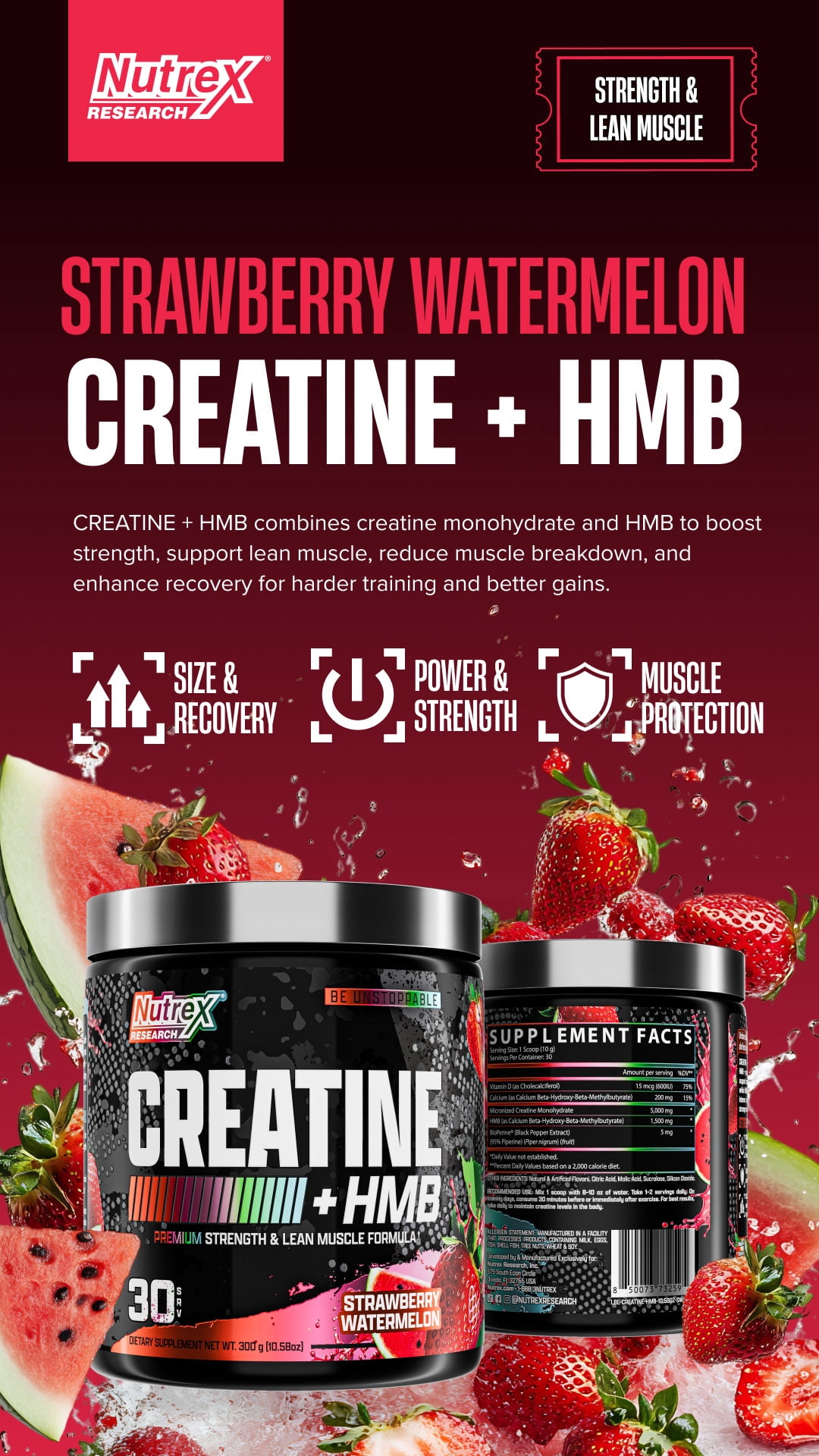 Nutrex Research Creatine + HMB Fruit Punch 5g Creatine, 1.5g HMB Strength and Lean Muscle Formula 30 Servings