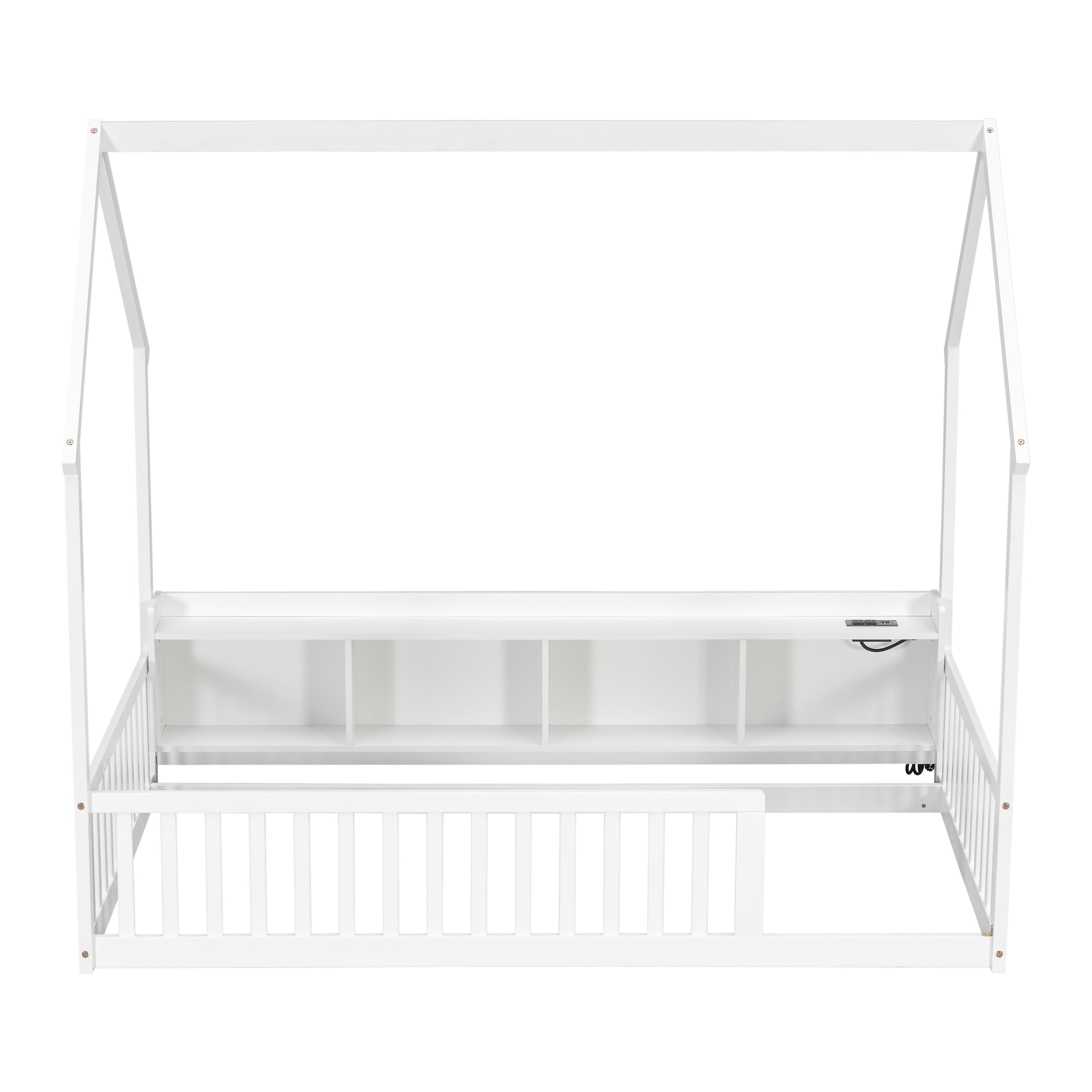 Floor Bed with House Design and Storage Shelves, Twin Pine Wood Platform Bed and Charging Station Bed Frame with LED Lights and Guardrails, White