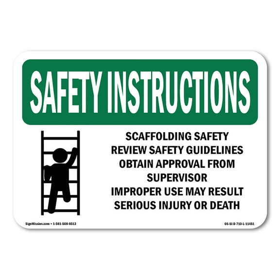 OSHA SAFETY INSTRUCTIONS Sign - Scaffolding Safety Review With Symbol | Aluminum Sign | Protect Your Business, Work Site, Warehouse | Made in the USA