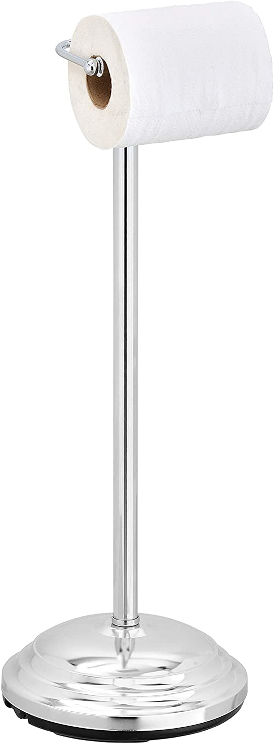 MyGift Silver Free Standing Toilet Paper Holder, Chrome-Plated Metal Heavy Weighted Tissue Stand, Classic Bathroom Single Roll Dispenser Stand with Round BaseMyGift Silver Free Standing Toilet Paper