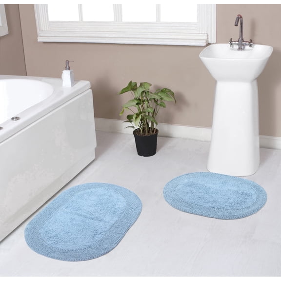 Home Weavers Double Ruffle Collection 100% Cotton Non-Slip Bathroom Rug Set Machine Washable Bathroom Rug-17"x24", Bath Rug- 21"x34", Blue Color 2 Piece Bath Rug set