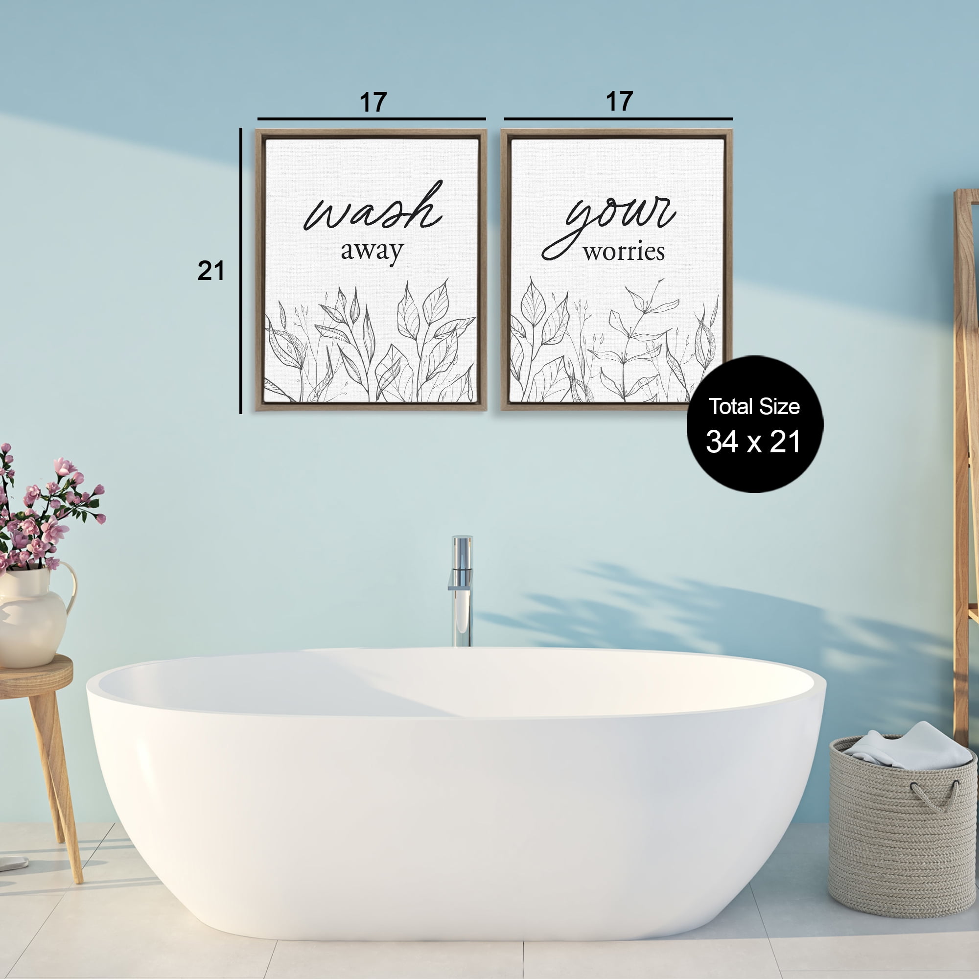 Wash Away Worries Minimalist Leaves 2 Piece Brown Framed Floater Canvas Set, design by Lettered and Lined