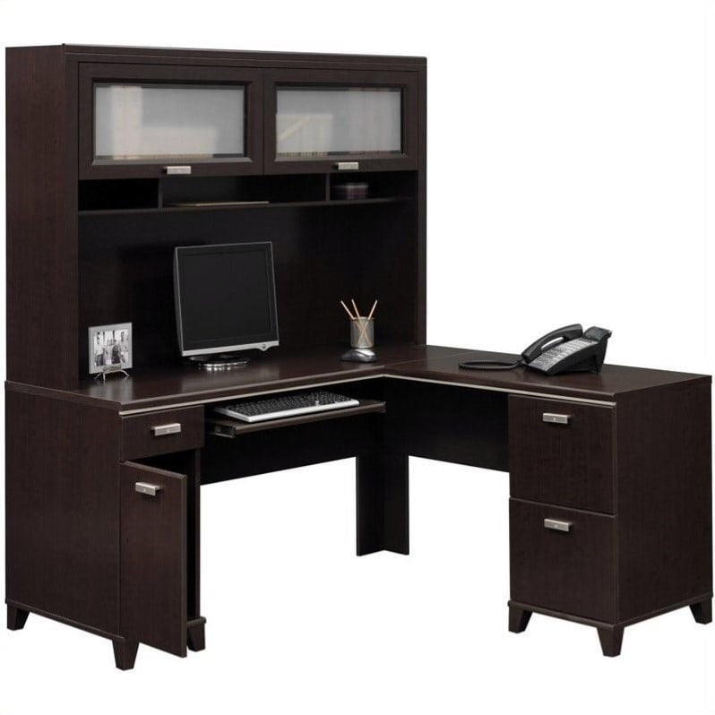 Bush Tuxedo L Shape Wood Computer Desk Set With Hutch In Mocha