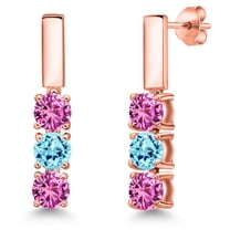 Gem Stone King 18K Rose Gold Plated Silver Pink Created Sapphire and Blue Apatite Drop Dangle Earrings for Women | 1.60 Cttw | Gemstone September Birthstone | Round 5MM